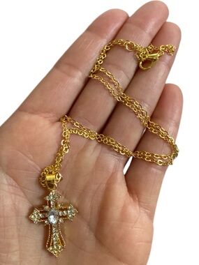 Vintage Punk Gold Cross Necklace 18K Gold Plated Rhinestone Gothic Cross 19.5”
